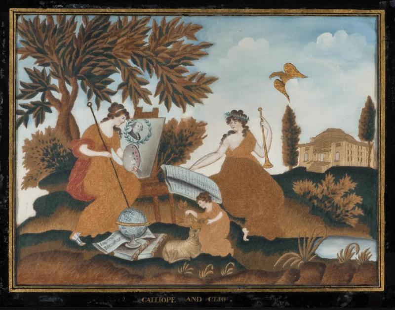 Educated citizens in the early 1800s would have recognized Calliope, muse of eloquence and heroic poetry, and Clio, muse of history, in this work memorializing George Washington, whose image is portrayed on the easel. Sarah Skinner Ward, silk and tempera on linen needlework, 1810-13. Museum purchase with funds provided by the Special Fund for Collection Objects 1991.46 COURTESY WINTERTHUR